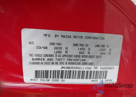 1999 Mazda Mx-5 Miata Leather Pkg/Popular Equipment Pkg/Sports Pkg/Touring Pkg from USA, damaged, VIN JM1NB3535X0111092